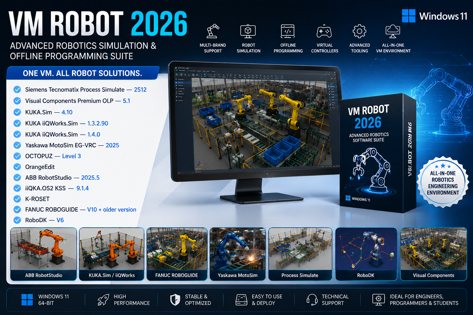 VM ROBOT 2026 multi-brand robot simulation and offline programming virtual machine for Windows 11